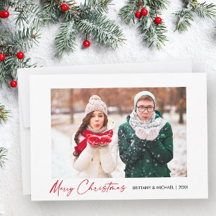 Modern Calligraphy Red Ink Script Couple Photo Holiday Card