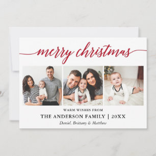 Modern Calligraphy Red Merry Christmas 3 Photo Holiday Card