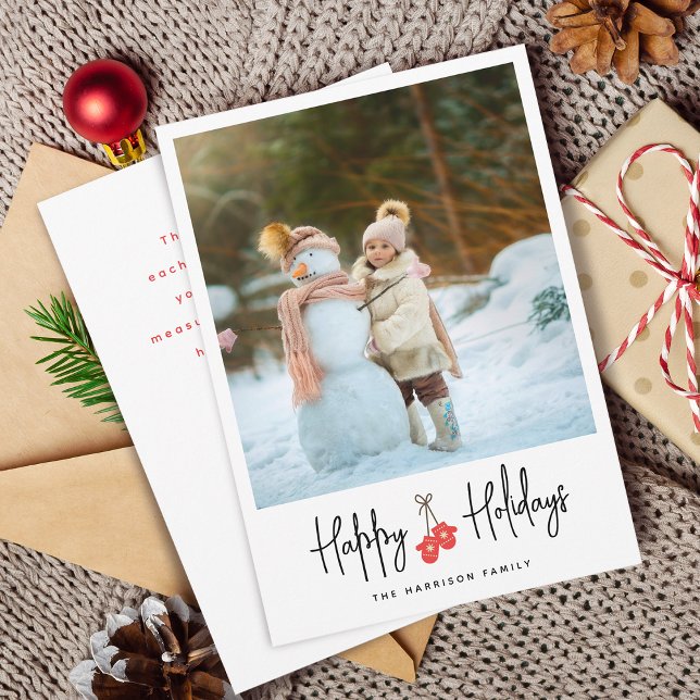Modern Calligraphy Red Mittens Photo Flat Holiday Card (Modern Calligraphy Mittens Photo Flat Holiday Card)