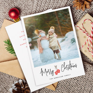 Modern Calligraphy Red Mittens Photo Flat Holiday Card