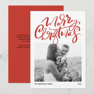 Modern Calligraphy Red Photo Merry Christmas Holiday Card