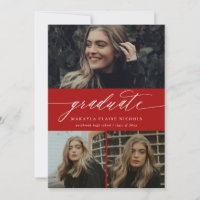 Modern Calligraphy Red Three Photo Graduation