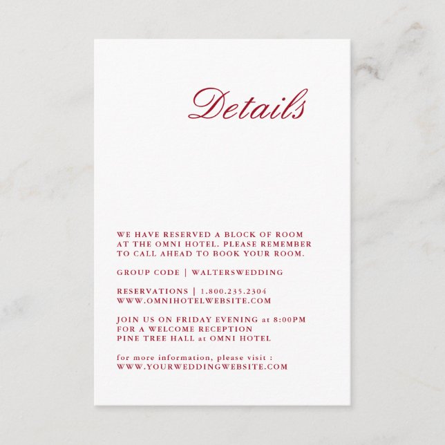 Modern Calligraphy Red Wedding Detail Card (Front)