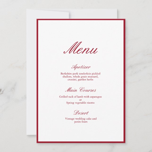 Modern Calligraphy Red Wedding Menu Invitation (Front)