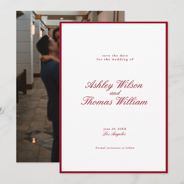 Modern Calligraphy Red Wedding Save the Date Invitation (Front/Back)