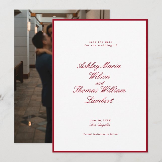 Modern Calligraphy Red Wedding Save the Date Invitation (Front/Back)