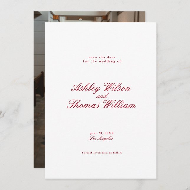 Modern Calligraphy Red Wedding Save the Date Invitation (Front/Back)
