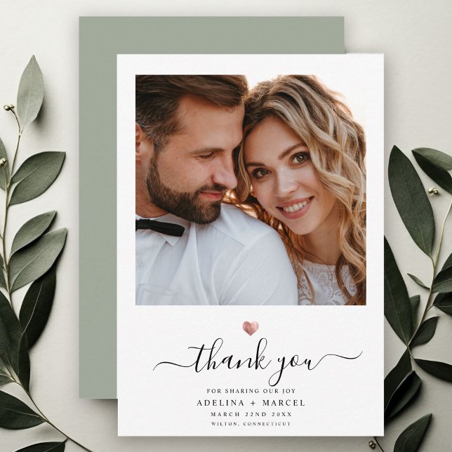 Modern Calligraphy Rose Gold Heart Wedding Photo Thank You Card (Creator Uploaded)