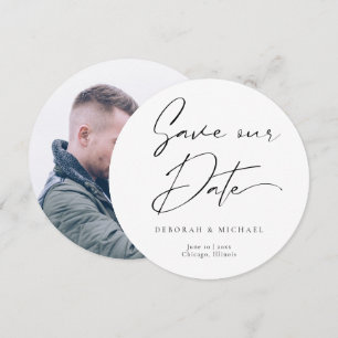 Modern Calligraphy Round Circle Black White Photo Save The Date