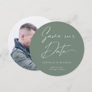 Modern Calligraphy Round Circle Sage Green Photo Save The Date