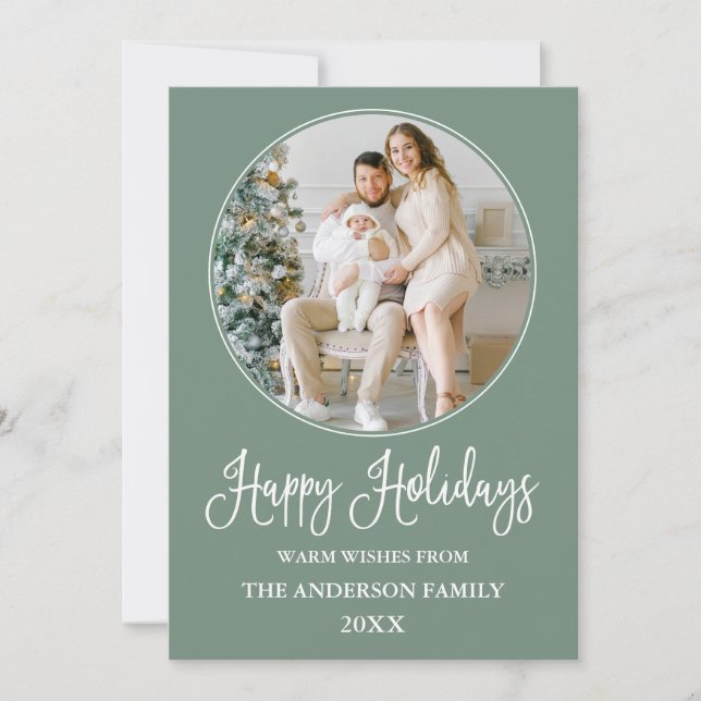 Modern Calligraphy Round Photo Frame Sage Green Holiday Card (Front)