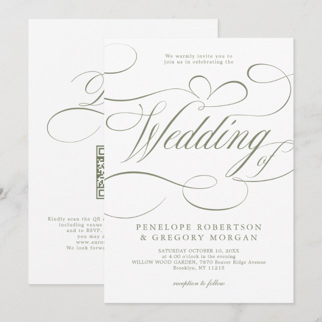 Modern calligraphy Sage Green QR code wedding Invitation (Front/Back)