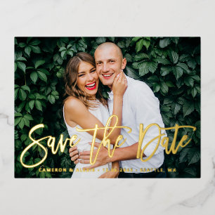 Modern Calligraphy Save the Date Horizontal Photo Foil Invitation Postcard