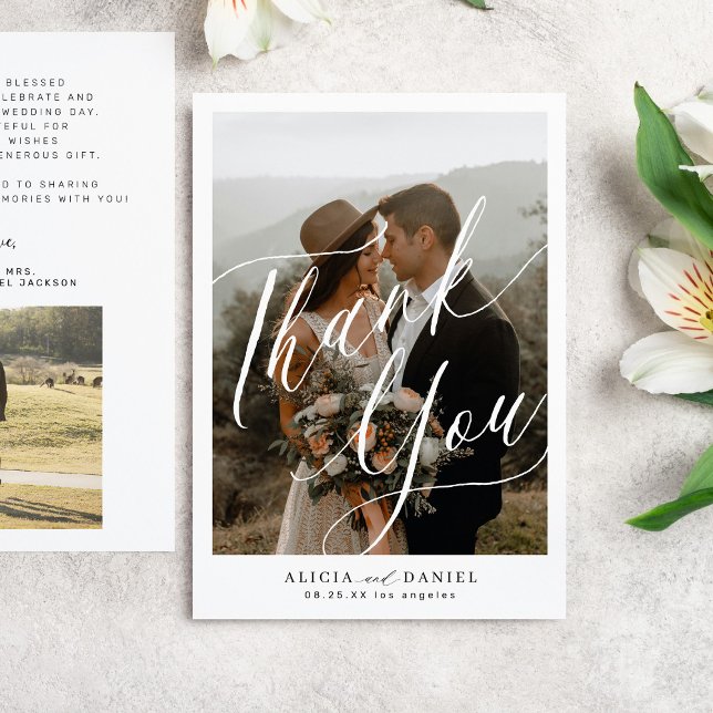  Modern calligraphy script 2 photos wedding  Thank You Card (Creator Uploaded)