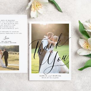  Modern calligraphy script 2 photos wedding  Thank You Card