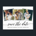 Modern Calligraphy Script 3 Photo Save the Date Postcard<br><div class="desc">Modern Elegant Calligraphy Script 3 Photo Collage Save the Date Wedding Engagement Announcement Postcard</div>