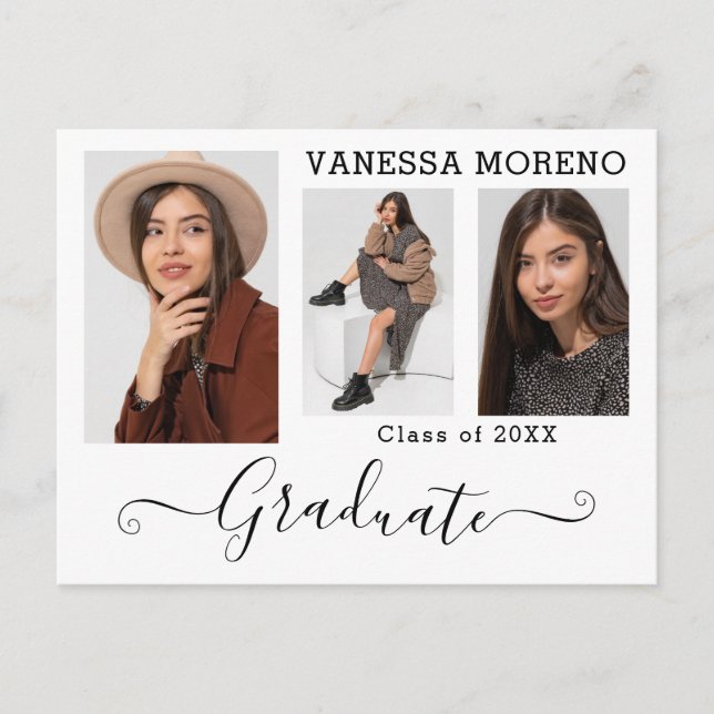 Modern Calligraphy Script 3 Photo WxB Graduation Postcard (Front)