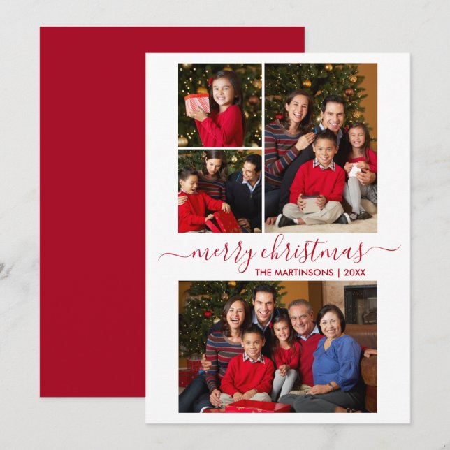 Modern Calligraphy Script 4 Photo Christmas Red Holiday Card (Front/Back)