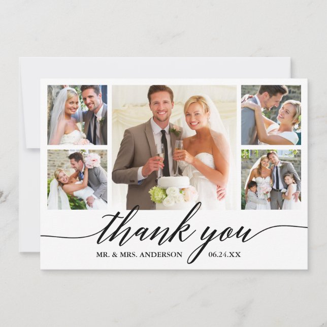 Modern Calligraphy Script 5 Photo Wedding Thank You Card (Front)