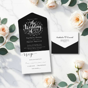 Modern Calligraphy Script Black And White Wedding All In One Invitation