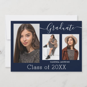 Modern Calligraphy Script Blue 3 Photo Graduation Announcement