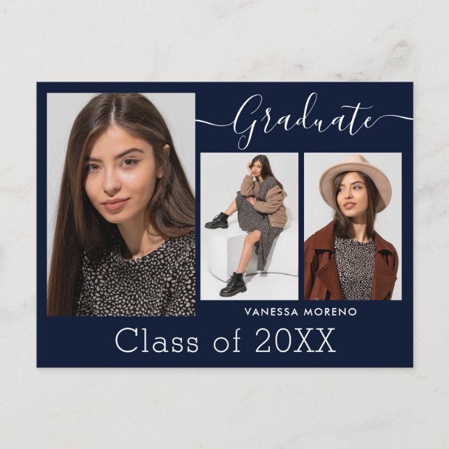 Modern Calligraphy Script Blue 3 Photo Graduation Postcard (Front)