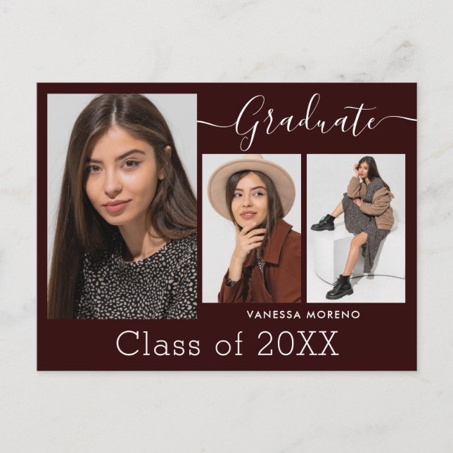 Modern Calligraphy Script Brgdy 3 Photo Graduation Postcard (Front)