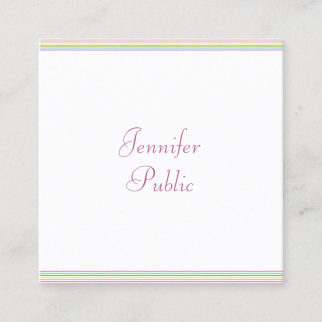 Modern Calligraphy Script Colourful Striped Trendy Square Business Card (Front)