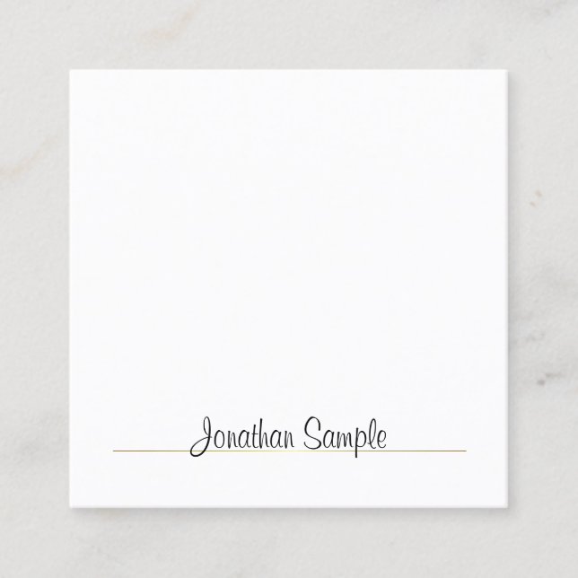 Modern Calligraphy Script Gold White Cool Template Square Business Card (Front)