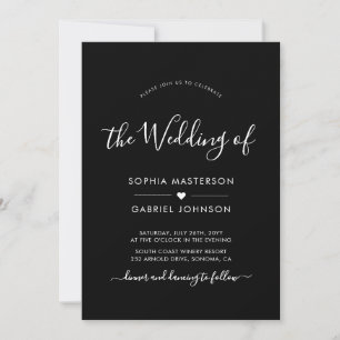 Modern Calligraphy Script Heart Black Wedding Invitation