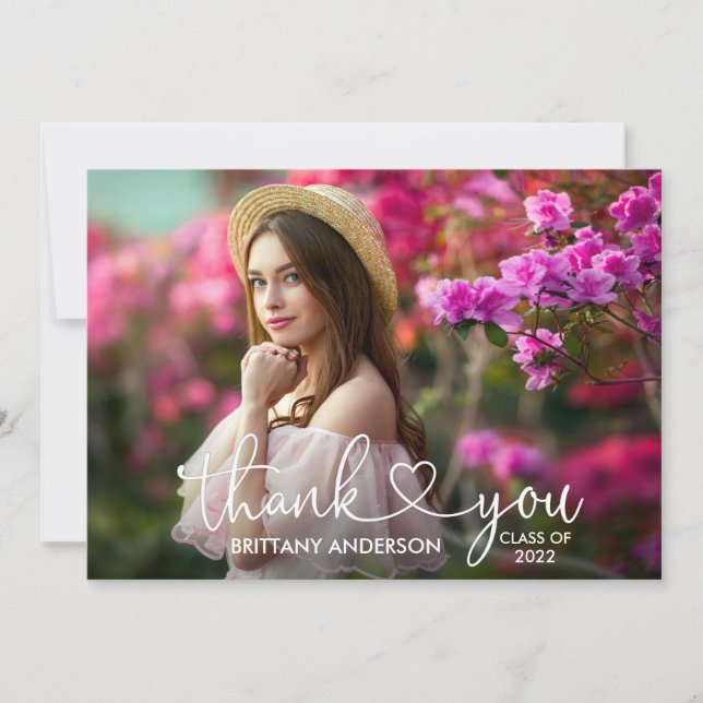 Modern Calligraphy Script Heart Graduate Photo Thank You Card (Front)