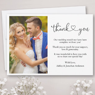 Modern Calligraphy Script Heart Photo Wedding Thank You Card