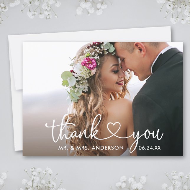 Modern Calligraphy Script Heart Photo Wedding Thank You Card (Customize to add text or more photos to back of card.)