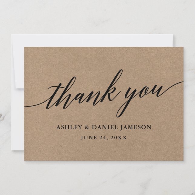 Modern Calligraphy Script Kraft Wedding Thank You Card (Front)
