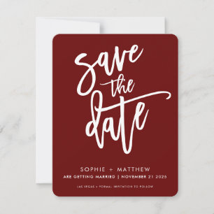 MODERN calligraphy script lettering maroon red Save The Date