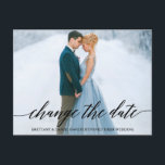 Modern Calligraphy Script Photo Change The Date Postcard<br><div class="desc">Modern Calligraphy Script Change The Date Wedding Postponed Couple Photo Postcard</div>