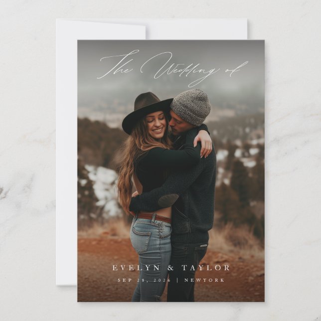 Modern Calligraphy Script Photo QR Code Wedding Invitation (Front)