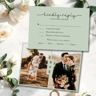 Modern Calligraphy Script Sage Green Photo Wedding RSVP Card