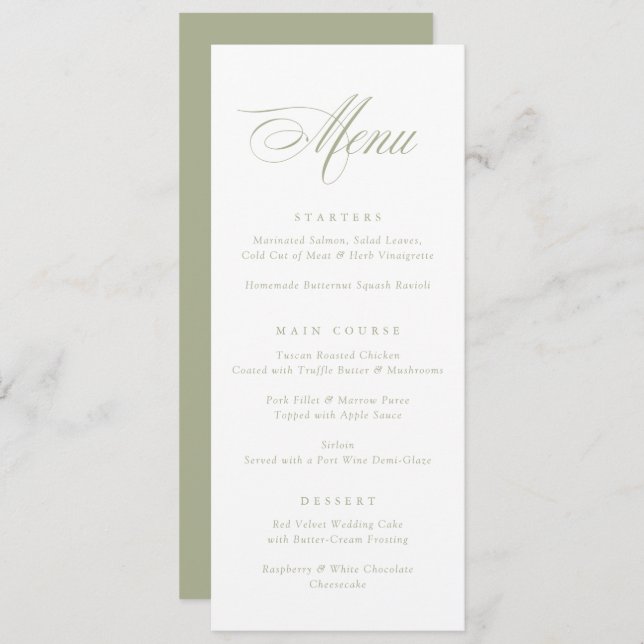 Modern Calligraphy Script Sage Green Wedding Menu (Front/Back)