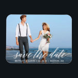 Modern Calligraphy Script Save The Date Photo Magnet<br><div class="desc">Modern Calligraphy Script Save The Date Engagement Announcement Couple Photo Magnet</div>