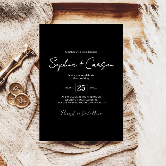 Modern Calligraphy Script Sleek Black Wedding  Invitation (Creator Uploaded)