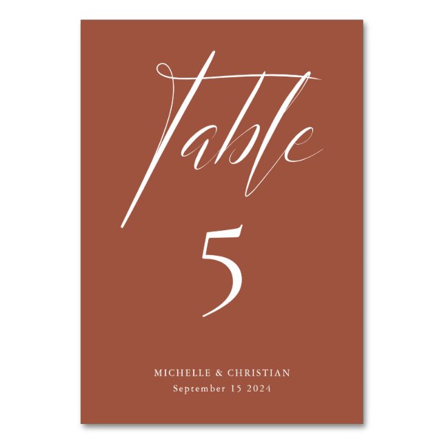 Modern Calligraphy Script Terracotta Wedding Table Number (Front)
