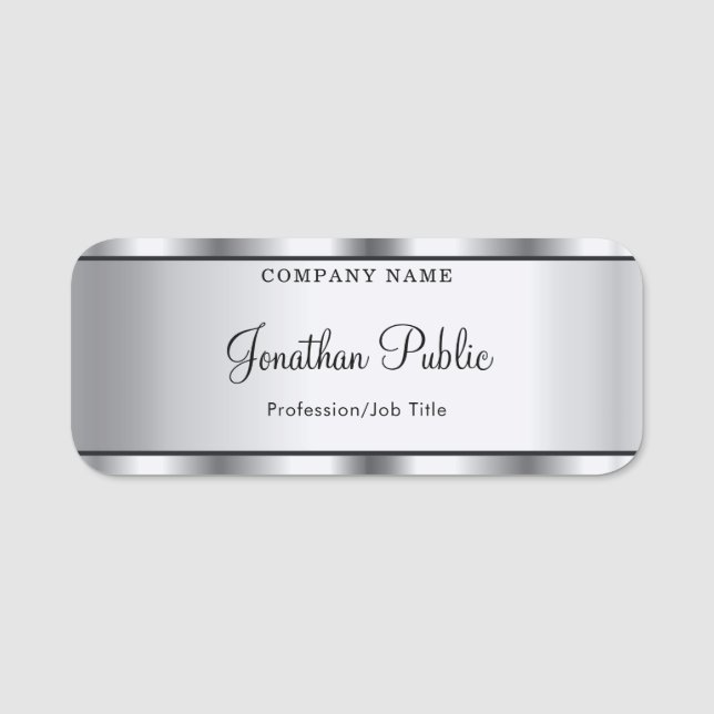 Modern Calligraphy Script Text Silver Template Name Tag (Front)