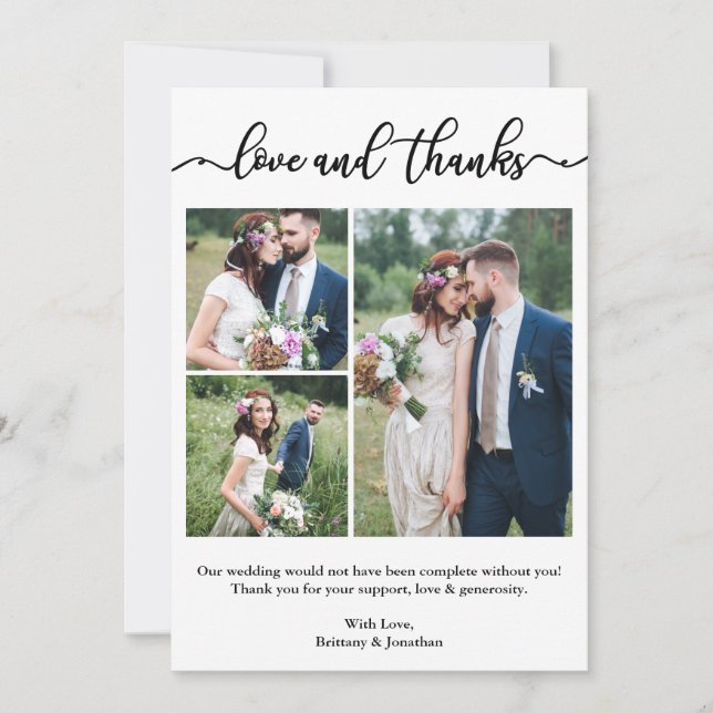 Modern Calligraphy Script Wedding Collage 3 Photo Thank You Card (Front)