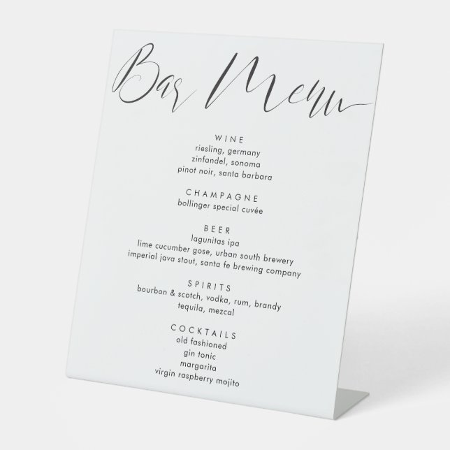 Modern Calligraphy Script Wedding Drinks Menu  Pedestal Sign (Front)