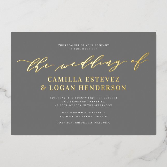 Modern Calligraphy Script Wedding Grey + Gold (Front)