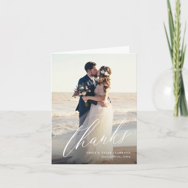 Modern Calligraphy Script Wedding Photo Thank You Card (Front)