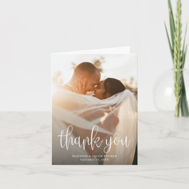 Modern Calligraphy Script Wedding Photo Thank You Card (Front)