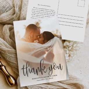Modern Calligraphy Script Wedding Photo Thank You Postcard