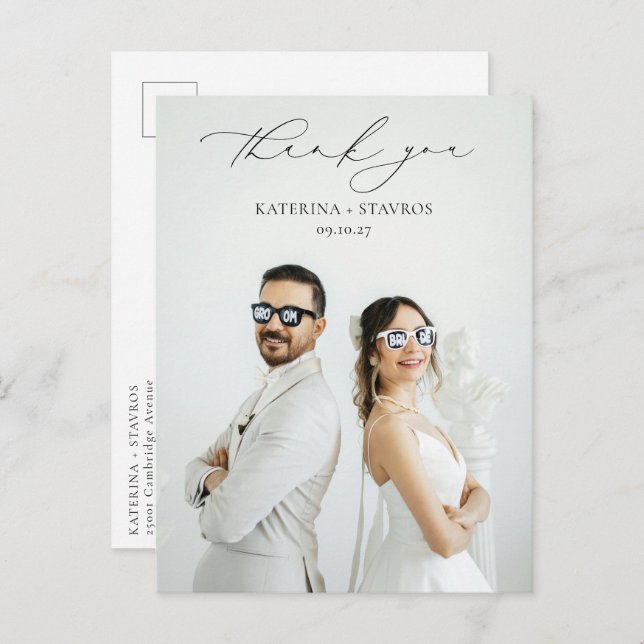 Modern Calligraphy Script Wedding Photo Thank You Postcard (Front/Back)